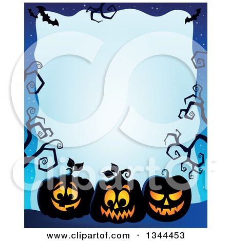 Clipart of a Halloween Border of Illuminated Jackolantern Pumpkins with Bare Tree Branches on Blue - Royalty Free Vector Illustration by visekart