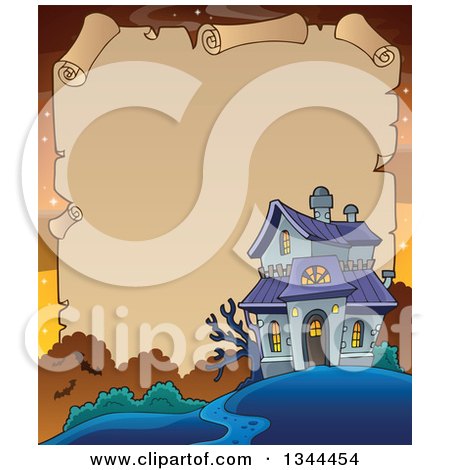 Clipart of a Halloween Parchment Border of a Haunted House on Orange - Royalty Free Vector Illustration by visekart