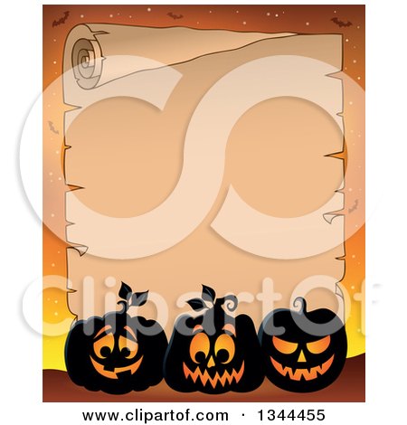 Clipart of a Halloween Parchment Scroll with Illuminated Jackolantern Pumpkins on Orange - Royalty Free Vector Illustration by visekart