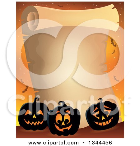 Clipart of a Halloween Parchment Scroll with Illuminated Jackolantern Pumpkins on Orange 2 - Royalty Free Vector Illustration by visekart