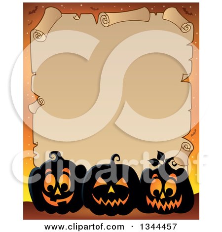 Clipart of a Halloween Parchment Scroll with Illuminated Jackolantern Pumpkins on Orange 3 - Royalty Free Vector Illustration by visekart