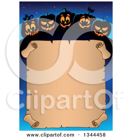 Clipart of a Halloween Parchment Scroll with Illuminated Jackolantern Pumpkins on Blue - Royalty Free Vector Illustration by visekart