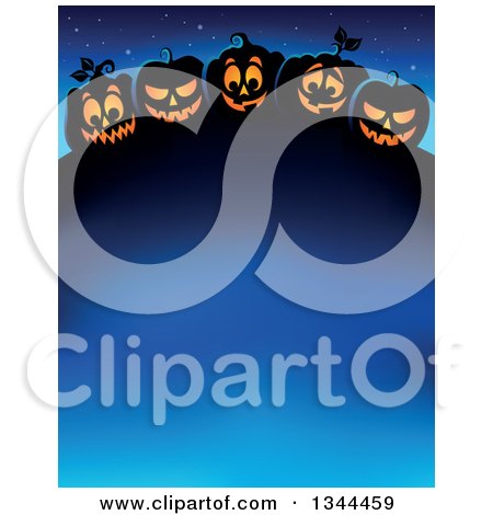 Clipart of a Row of Illuminated Halloween Jackolantern Pumpkins over Blue Text Space - Royalty Free Vector Illustration by visekart