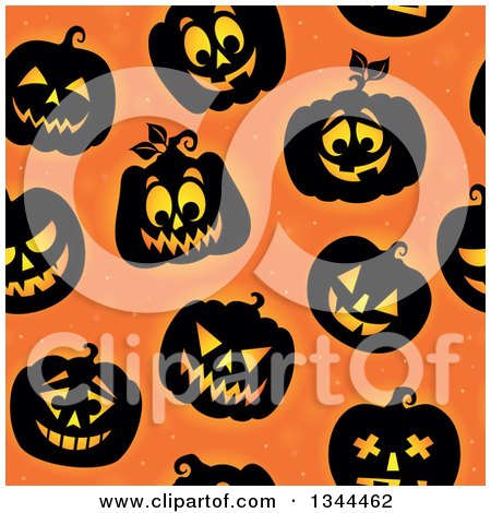 Clipart of a Seamless Background Pattern of Illuminated Halloween Jackolantern Pumpkins over Orange - Royalty Free Vector Illustration by visekart