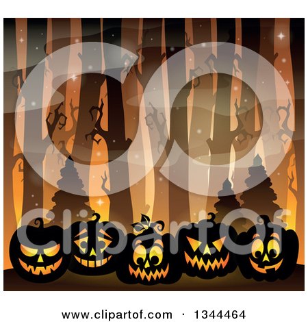 Clipart of a Dark Misty Forest with Lit Halloween Jackolantern Pumpkins - Royalty Free Vector Illustration by visekart