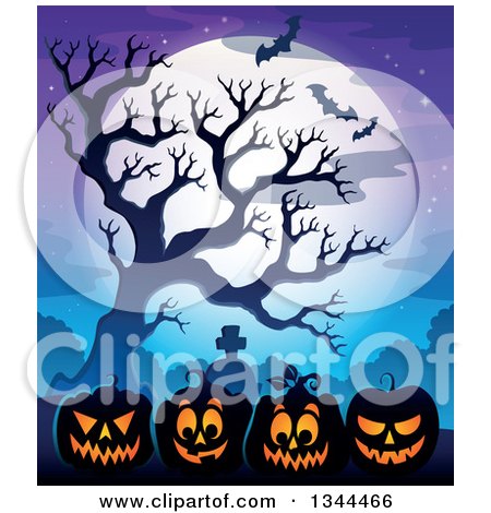 Clipart of Illuminated Halloween Jackolantern Pumpkins with a Tombstone, Bare Tree, Bats and a Full Moon - Royalty Free Vector Illustration by visekart