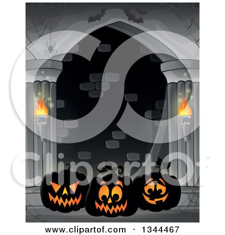Clipart of Illuminated Halloween Jackolantern Pumpkins with Bats in a Haunted Hallway - Royalty Free Vector Illustration by visekart