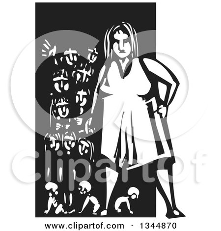 Clipart of a Black and White Woodcut Fat Woman Smoking in Front of Children - Royalty Free Vector Illustration by xunantunich