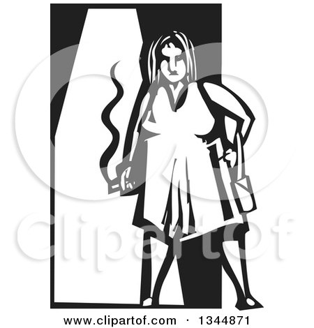 Clipart of a Black and White Woodcut Fat Woman Smoking a Cigarette - Royalty Free Vector Illustration by xunantunich