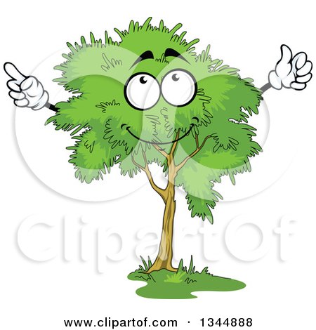Clipart of a Cartoon Tree Character with a Lush, Green, Mature Canopy, Holding up a Finger and a Thumb - Royalty Free Vector Illustration by Vector Tradition SM