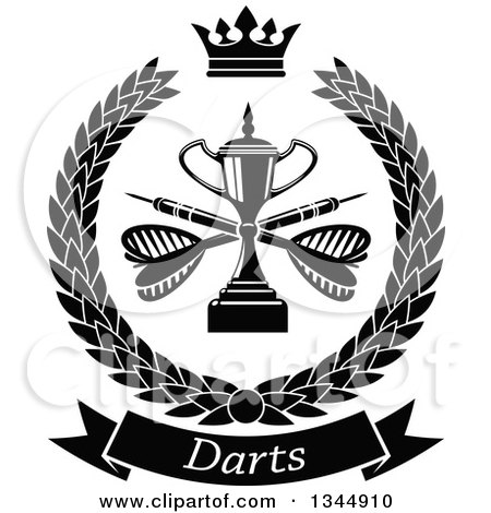 Clipart of a Black and White Trophy with Crossed Darts over a Text Banner in a Wreath - Royalty Free Vector Illustration by Vector Tradition SM
