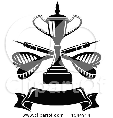 Clipart of a Black and White Trophy with Crossed Darts over a Blank Banner - Royalty Free Vector Illustration by Vector Tradition SM