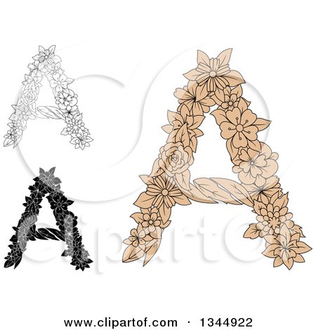Clipart of Black and White, Outline and Tan Floral Capital Letter a Designs - Royalty Free Vector Illustration by Vector Tradition SM