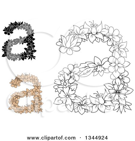 Clipart of Black and White, Outline and Tan Floral Lowercase Letter a Designs - Royalty Free Vector Illustration by Vector Tradition SM