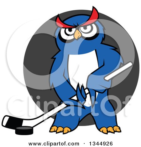 Clipart of a Cartoon Blue Ice Hockey Owl with a Puck and Stick over a Gray Circle - Royalty Free Vector Illustration by Vector Tradition SM