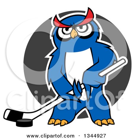 Clipart of a Cartoon White Outlined Blue Ice Hockey Owl with a Puck and Stick over a Gray Circle - Royalty Free Vector Illustration by Vector Tradition SM