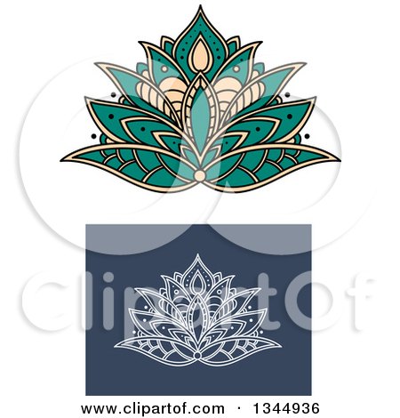 Clipart of Beautiful Turquoise, Tan and White Henna Lotus Flowers - Royalty Free Vector Illustration by Vector Tradition SM