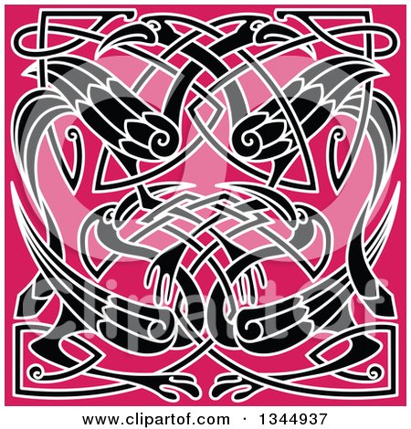 Clipart of Black and White Celtic Knot Cranes or Herons on Pink - Royalty Free Vector Illustration by Vector Tradition SM