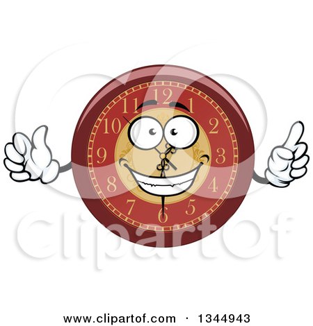 Clipart of a Cartoon Wall Clock Character Giving a Thumb up and Holding up a Finger - Royalty Free Vector Illustration by Vector Tradition SM