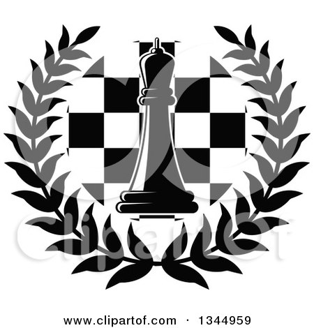 Clipart of a Black and White Chess Queen Piece over a Board in a Wreath 2 - Royalty Free Vector Illustration by Vector Tradition SM