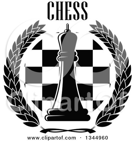 Clipart of a Black and White Chess Queen Piece over a Board in a Wreath Under Text - Royalty Free Vector Illustration by Vector Tradition SM