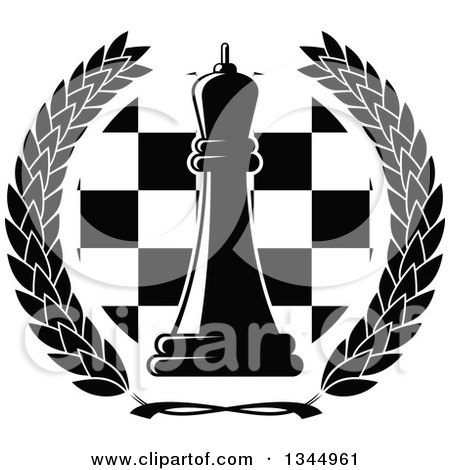 Clipart of a Black and White Chess Queen Piece over a Board in a Wreath - Royalty Free Vector Illustration by Vector Tradition SM