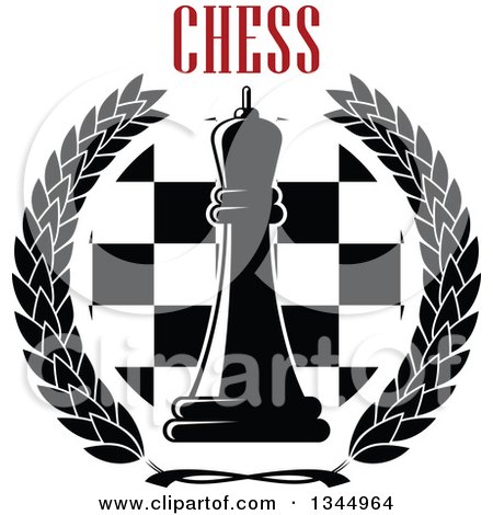 Clipart of a Black and White Chess Queen Piece over a Board in a Wreath Under Red Text - Royalty Free Vector Illustration by Vector Tradition SM