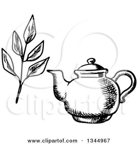 Clipart of a Black and White Sketched Tea Pot and Leaves - Royalty Free Vector Illustration by Vector Tradition SM