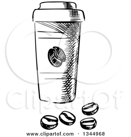 Clipart of a Black and White Sketched Takeout Coffee Cup and Beans - Royalty Free Vector Illustration by Vector Tradition SM