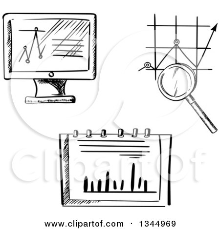 Clipart of a Black and White Sketched Computer Screen and Charts - Royalty Free Vector Illustration by Vector Tradition SM