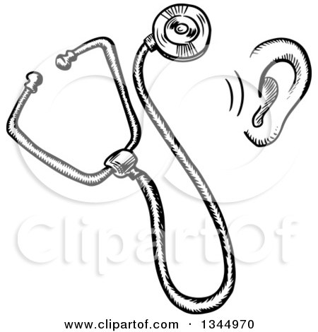 Clipart of a Black and White Sketched Ear and Stethoscope - Royalty Free Vector Illustration by Vector Tradition SM