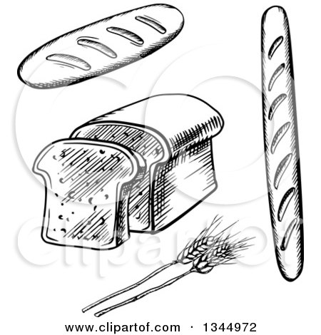 Clipart of Black and White Sketched Wheat and Breads - Royalty Free Vector Illustration by Vector Tradition SM