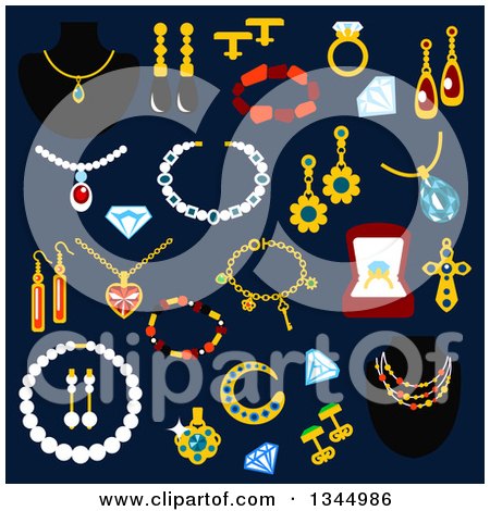 Clipart of Flat Design Jewelery Items on Navy Blue - Royalty Free Vector Illustration by Vector Tradition SM