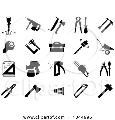 Clipart of Black and White Hammer, Screwdriver, Axe, Saw, Pliers, Jackhammer, Crowbar, Wrench, Vernier Caliper, Set Square, Toolbox, Drill Machine, Wheelbarrow, Drawing, Spray Gun, Chainsaw and Staple Gun Black Icons - Royalty Free Vector Illustration by Vector Tradition SM