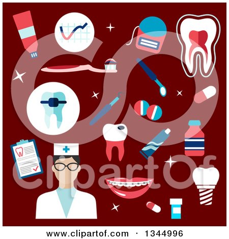Clipart of a Flat Design Dentist or Nurse Avatar with Items on Red - Royalty Free Vector Illustration by Vector Tradition SM