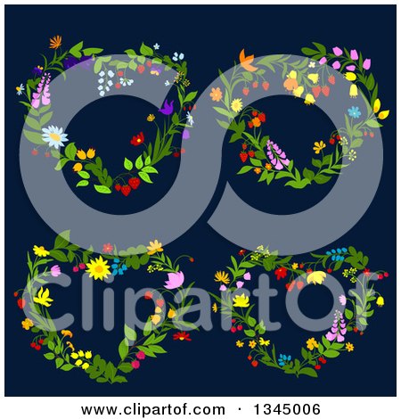 Clipart of Floral Heart Shaped Wreaths on Dark Blue 2 - Royalty Free Vector Illustration by Vector Tradition SM