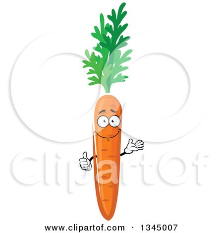 Clipart of a Cartoon Carrot and Greens Character Giving a Thumb up and Presenting - Royalty Free Vector Illustration by Vector Tradition SM