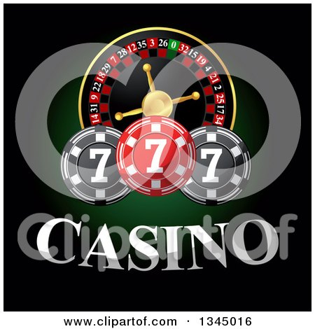 Clipart of a Casino Roulette Wheel with Poker Chips and Text on Dark Green and Black - Royalty Free Vector Illustration by Vector Tradition SM