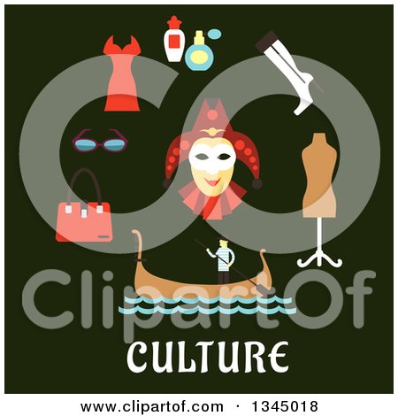 Clipart of Flat Design Italian Culture Items over Text on Dark Green - Royalty Free Vector Illustration by Vector Tradition SM