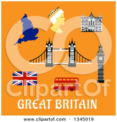 Clipart of a Flat Design Union Jack Flag, Map, Tower Bridge, Big Ben, Cathedral and Double Decker Bus over Great Britain Text on Orange - Royalty Free Vector Illustration by Vector Tradition SM