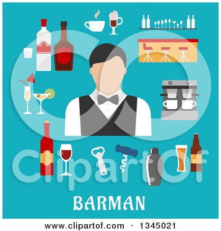 Clipart of a Flat Design Bartender Avatar and Items over Text on Blue - Royalty Free Vector Illustration by Vector Tradition SM