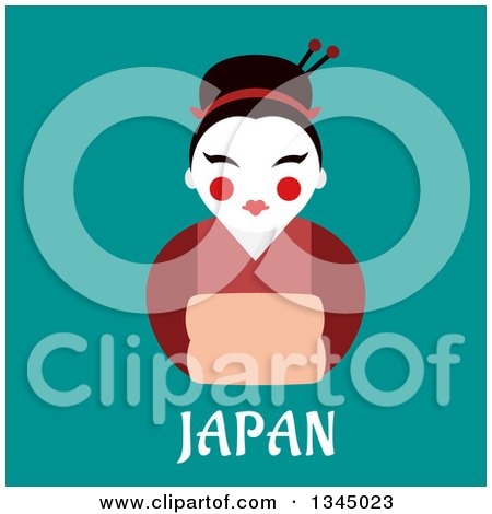 Clipart of a Flat Design Geisha Woman Wearing a Formal Red Kimono over Japan Text on Turquoise - Royalty Free Vector Illustration by Vector Tradition SM