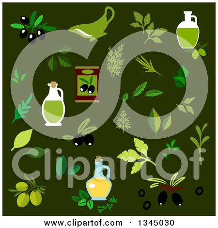 Clipart of Flat Design Olives, Oil and Leaves - Royalty Free Vector Illustration by Vector Tradition SM
