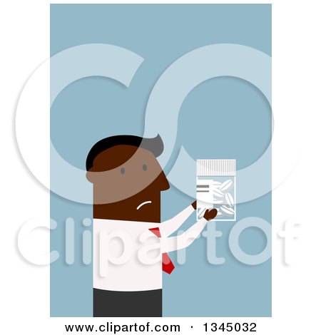 Clipart of a Flat Modern Black Businessman Holding a Pill Bottle, over Blue - Royalty Free Vector Illustration by Vector Tradition SM