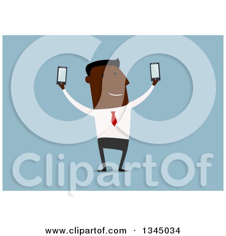 Clipart of a Flat Design Black Businessman Taking Selfies with Two Smart Cell Phones, on Blue - Royalty Free Vector Illustration by Vector Tradition SM