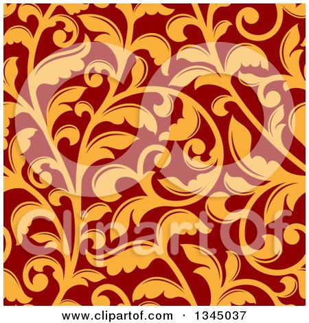 Clipart of a Seamless Background Pattern of Orange Vintage Floral Scrolls on Red - Royalty Free Vector Illustration by Vector Tradition SM