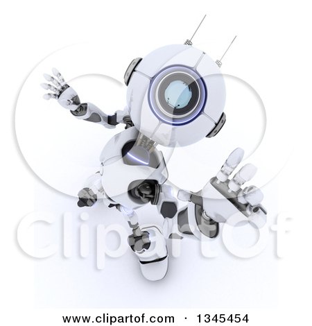 Clipart of a 3d Futuristic Robot Reaching Upwards, on a Shaded White Background - Royalty Free Illustration by KJ Pargeter
