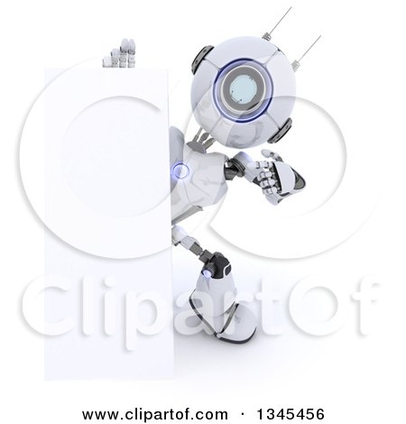 Clipart of a 3d Futuristic Robot Pointing Around a Sign, over a White Background - Royalty Free Illustration by KJ Pargeter