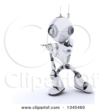 Clipart of a 3d Futuristic Robot Pointing, on a Shaded White Background - Royalty Free Illustration by KJ Pargeter