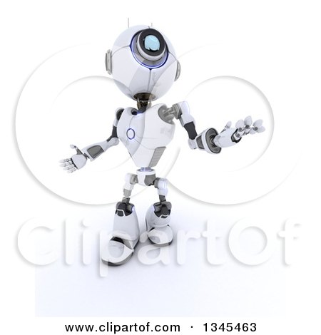 Clipart of a 3d Futuristic Robot Looking up and Gesturing, on a Shaded White Background - Royalty Free Illustration by KJ Pargeter